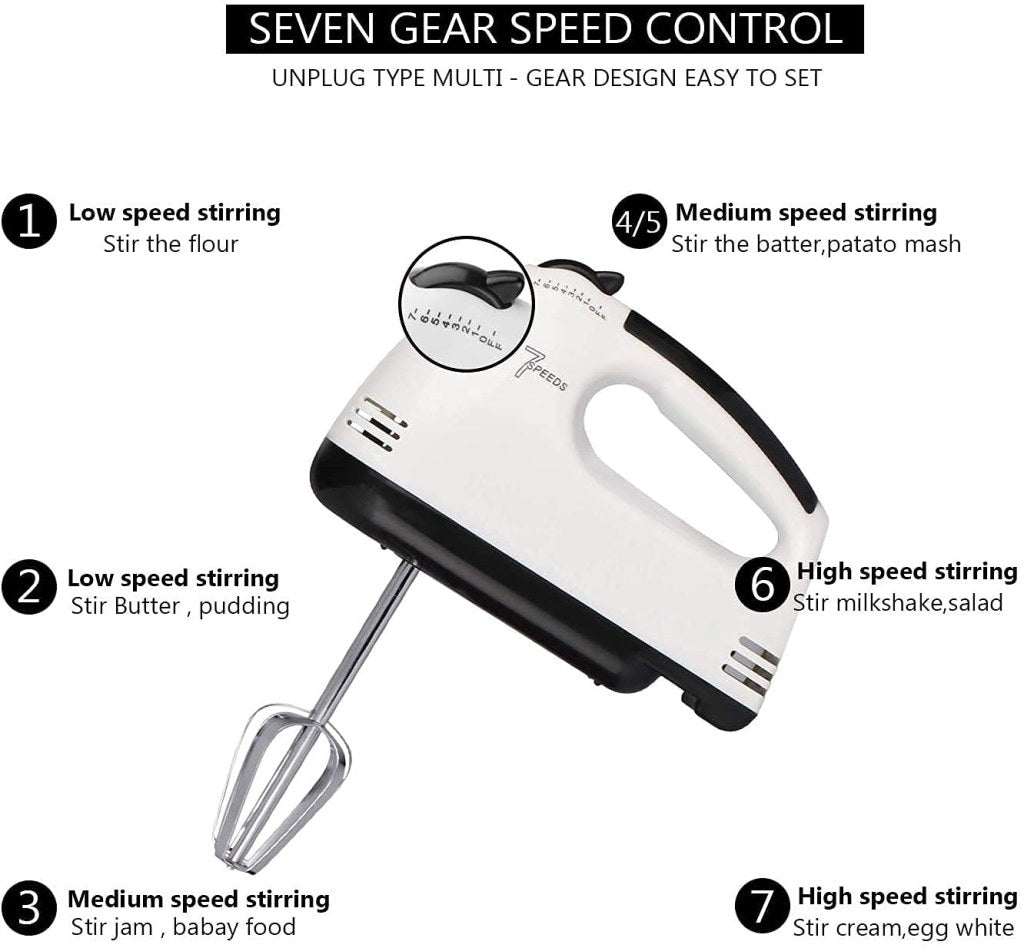 260W Electric Hand Mixer Beater & Blender | 7-Speed Control Kitchen Whisk with Chrome Beaters & Dough Hooks | Lightweight ABS Body | Multipurpose Hand Blender (White)