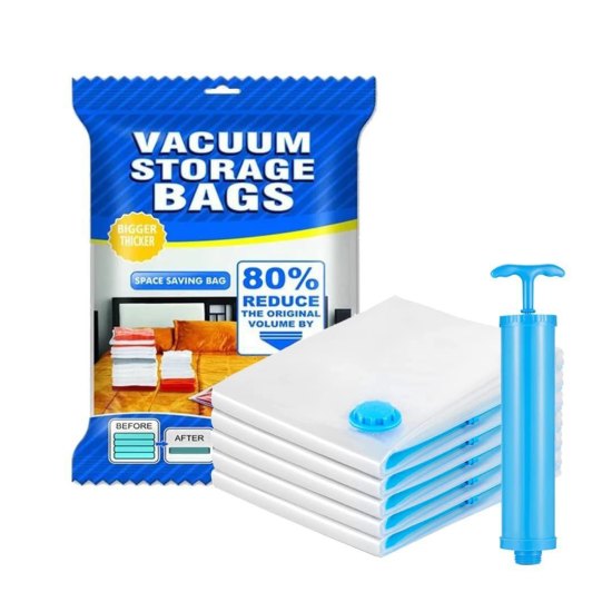 Heavy Quality Vacuum Storage Reusable Zip Lock Smart Space Saver Bags with Hand Pump – Set of 5 Bags + 1 Pump for Travel, Clothes, Bedding, Seasonal Storage