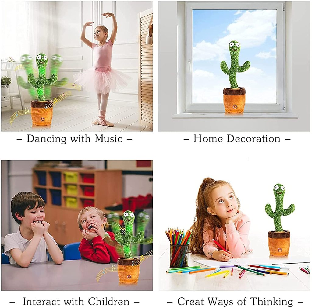 Electronic Dancing Cactus Toy | Singing, Talking, Recording, Glowing Plush Toy with USB Charging | Repeats Words & Dances for Kids, Babies, Fun Gifts (Green, Chargeable)