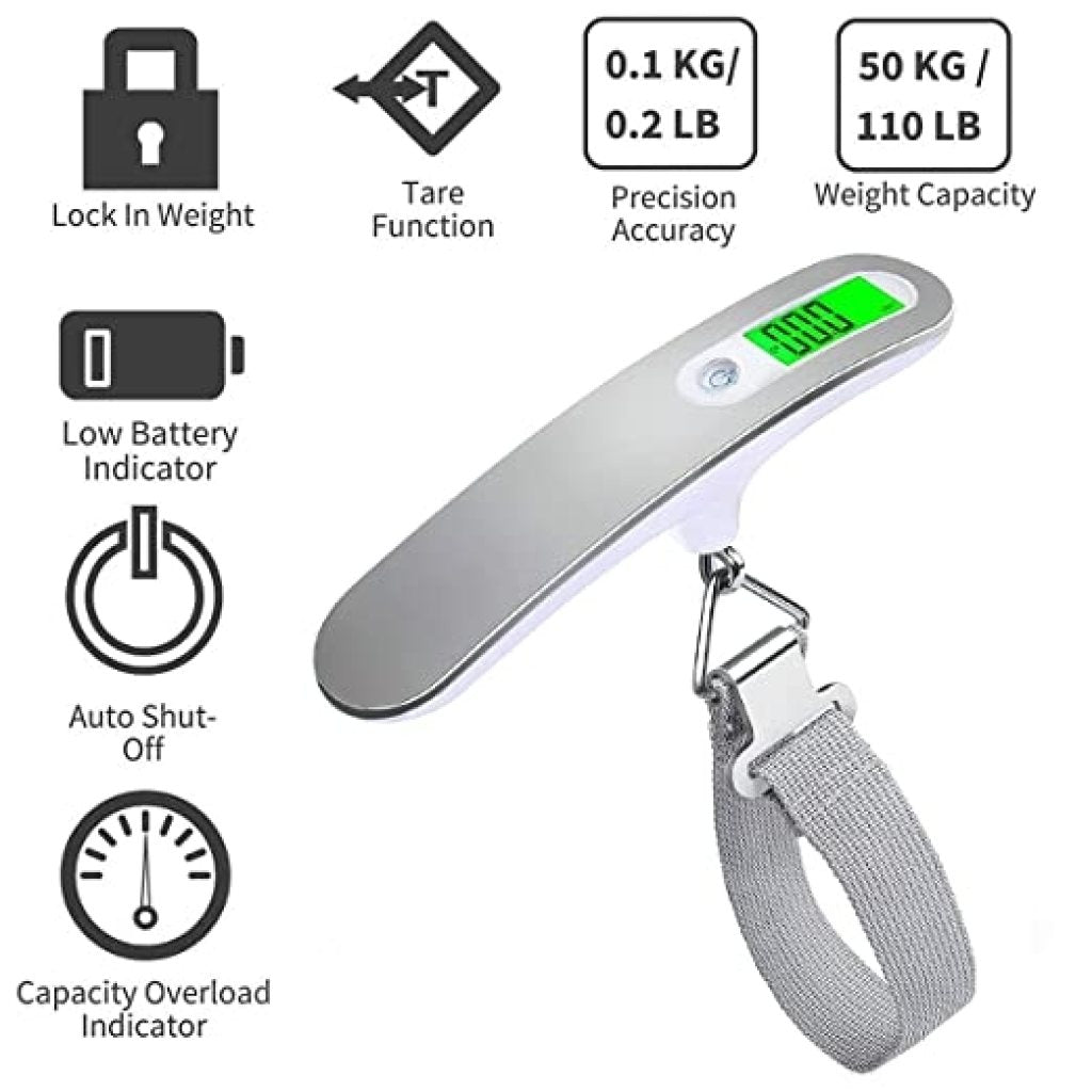 Digital Luggage Weighing Scale | 50kg Portable Electronic Hook Scale with Backlit LCD | Travel Suitcase Weight Checker for Flights, Home, Fishing, Backpacking (Grey, Steel)
