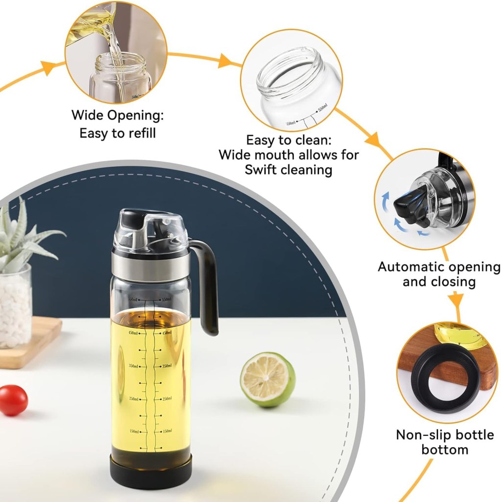 Auto-Flip Glass Oil Dispenser Bottle (500ml) β Borosilicate Glass with Ergonomic Handle & Leak-Proof Spout