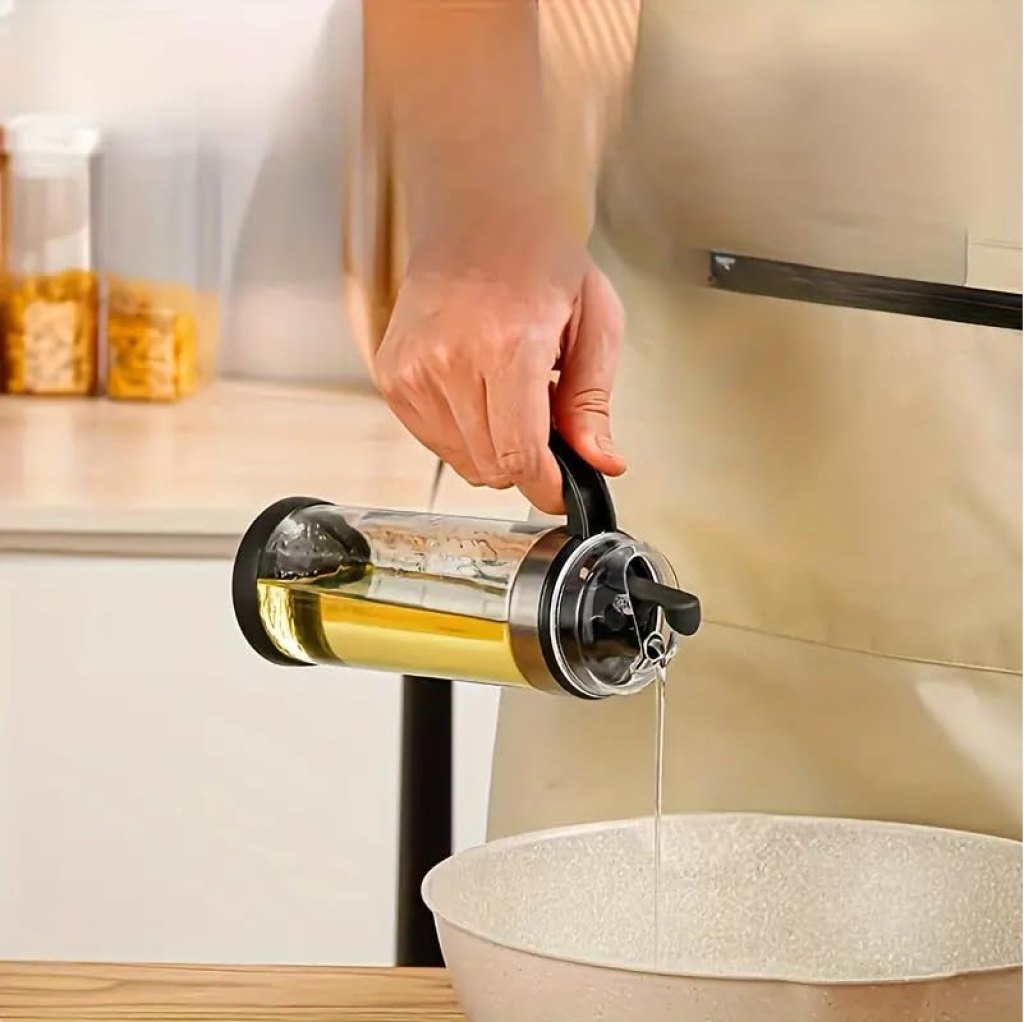 Auto-Flip Glass Oil Dispenser Bottle (500ml) β Borosilicate Glass with Ergonomic Handle & Leak-Proof Spout