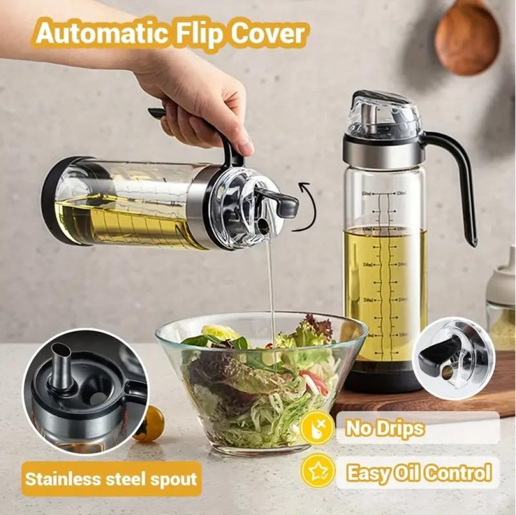 Auto-Flip Glass Oil Dispenser Bottle (500ml) β Borosilicate Glass with Ergonomic Handle & Leak-Proof Spout