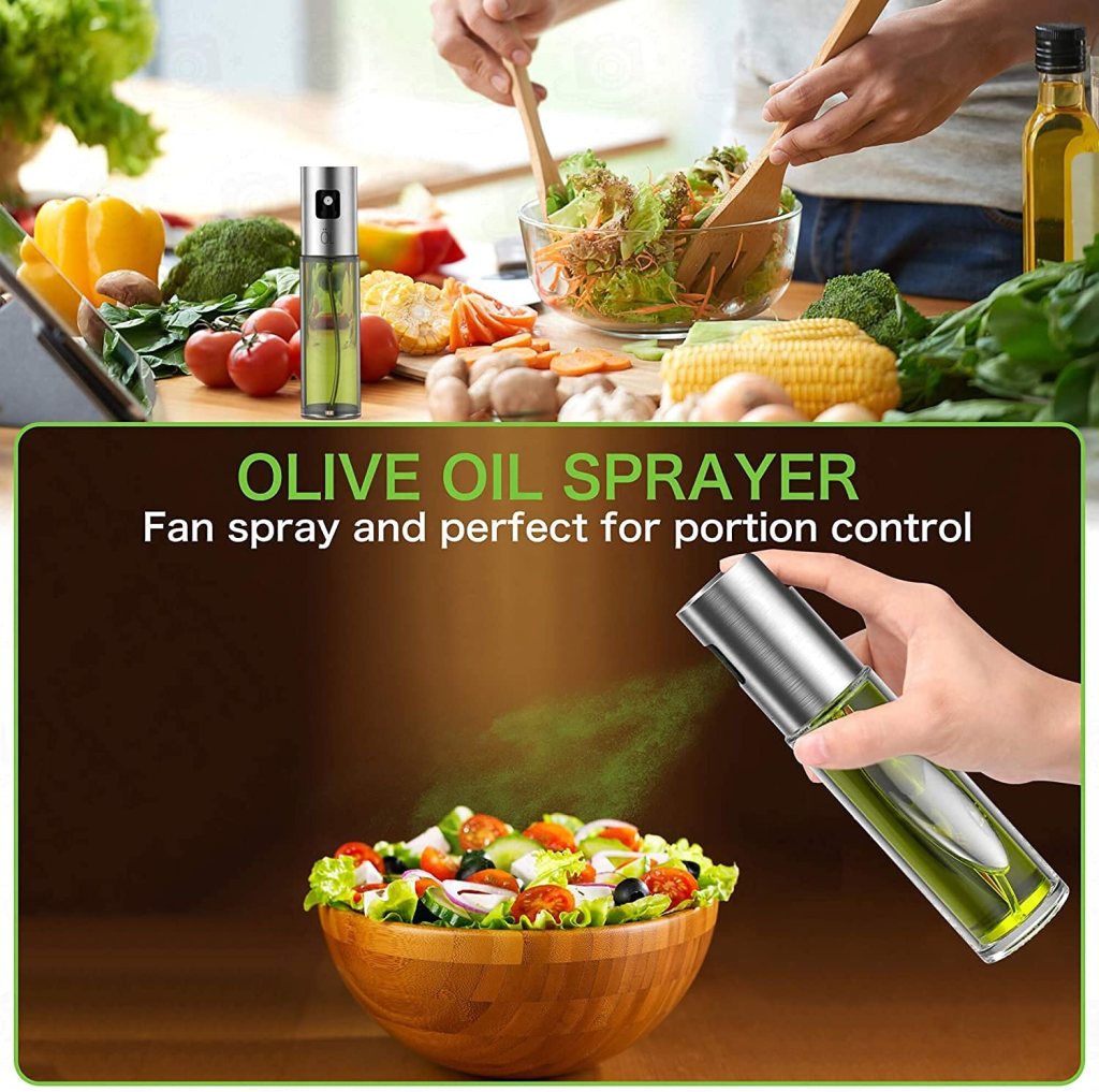 Oil Spray Bottle for Cooking – Refillable Stainless Steel Oil Dispenser with Mini Funnel, Glass Vinegar Spray Bottle for BBQ, Salad, Baking, Grilling, Roasting, Frying