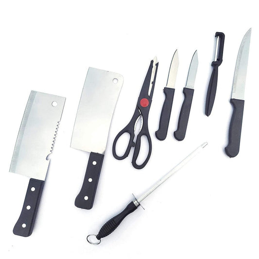 Knife Set and Scissor – 8 Piece Stainless Steel Kitchen Knife Set with Peeler, Sharpener, and Scissor | Ergonomic Grip | Multipurpose Knives Set for Home & Kitchen