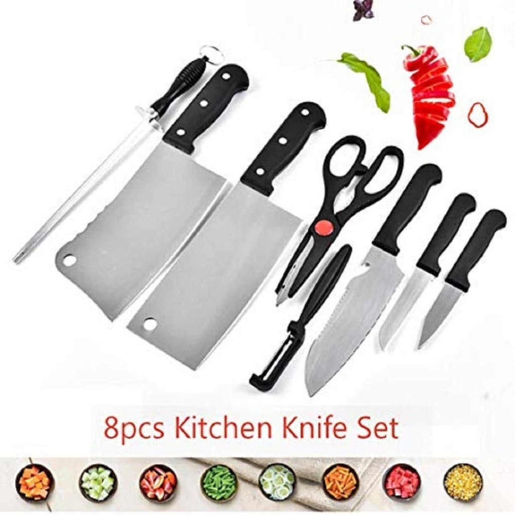 Knife Set and Scissor – 8 Piece Stainless Steel Kitchen Knife Set with Peeler, Sharpener, and Scissor | Ergonomic Grip | Multipurpose Knives Set for Home & Kitchen