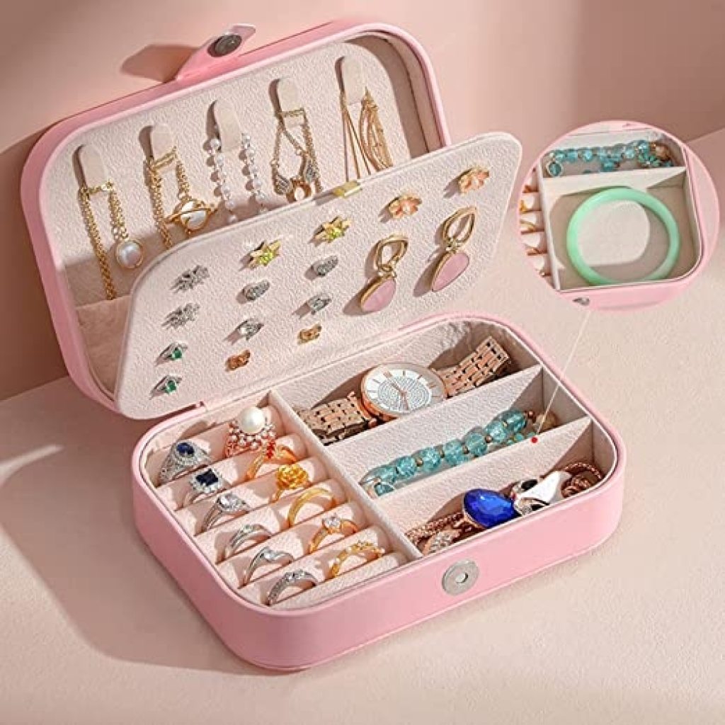 PU Leather Big Jewelry Box Organizer for Women | Magnetic Buckle Storage Case with Dividers | Ring, Earring, Necklace Holder | Travel Cosmetic Vanity Box (Pink)