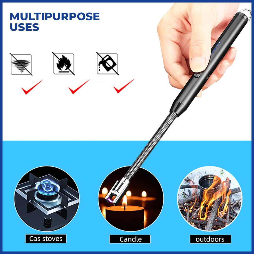 USB Rechargeable Electric Gas Lighter | 360° Flexible Neck Plasma Arc Lighter with LED Battery Display | Flameless Windproof Lighter for Kitchen Gas Stove, Pooja Mandir, Candle, Diwali Fireworks, BBQ & Camping