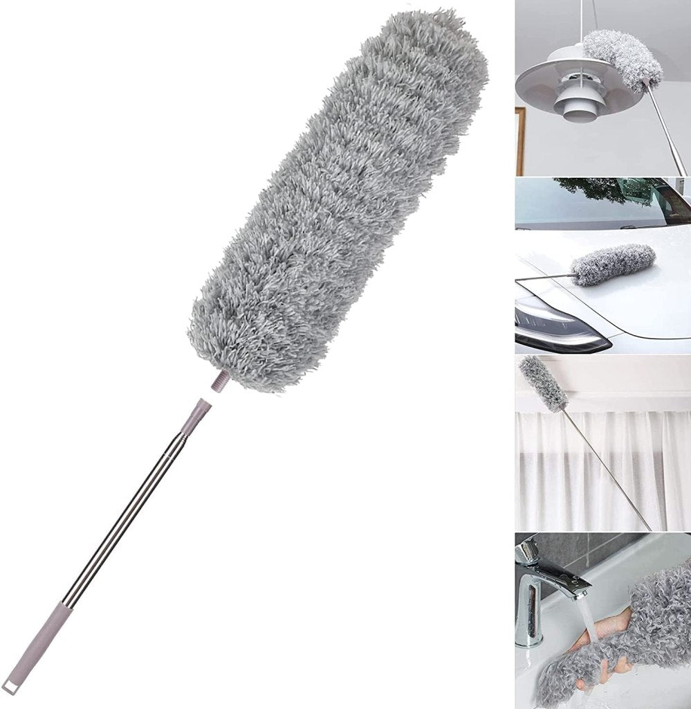 Microfiber Feather Duster with 100-Inch Telescopic Extension Pole β Flexible, Scratch-Free & Washable Cleaning Tool for High Ceilings, Fans, Windows, Furniture, Roof (Grey)