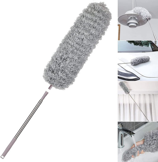 Microfiber Feather Duster with 100-Inch Telescopic Extension Pole – Flexible, Scratch-Free & Washable Cleaning Tool for High Ceilings, Fans, Windows, Furniture, Roof (Grey)