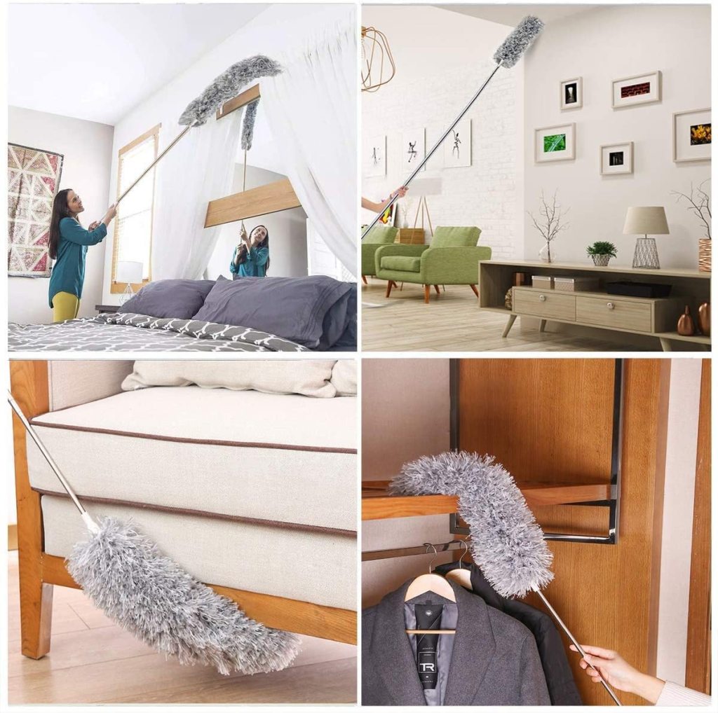 Microfiber Feather Duster with 100-Inch Telescopic Extension Pole β Flexible, Scratch-Free & Washable Cleaning Tool for High Ceilings, Fans, Windows, Furniture, Roof (Grey)
