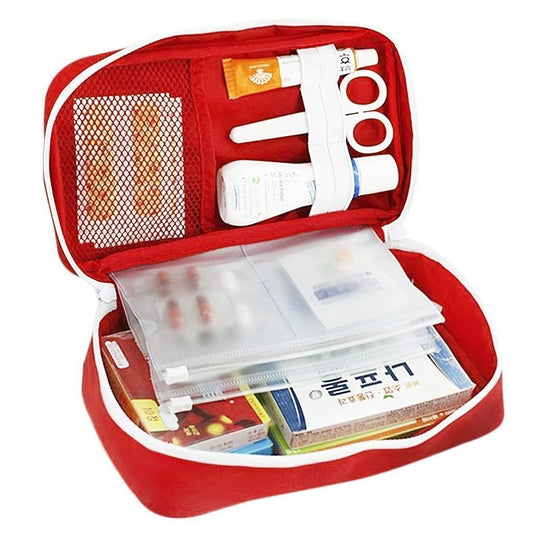 Travel Medicine Pouch First Aid Kit Organizer Bag | Portable Emergency Storage Bag for Car, Office, Home | Empty Medical Box with Compartments (Red, Polyester)