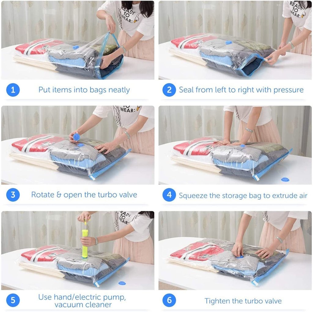Heavy Quality Vacuum Storage Reusable Zip Lock Smart Space Saver Bags with Hand Pump – Set of 5 Bags + 1 Pump for Travel, Clothes, Bedding, Seasonal Storage