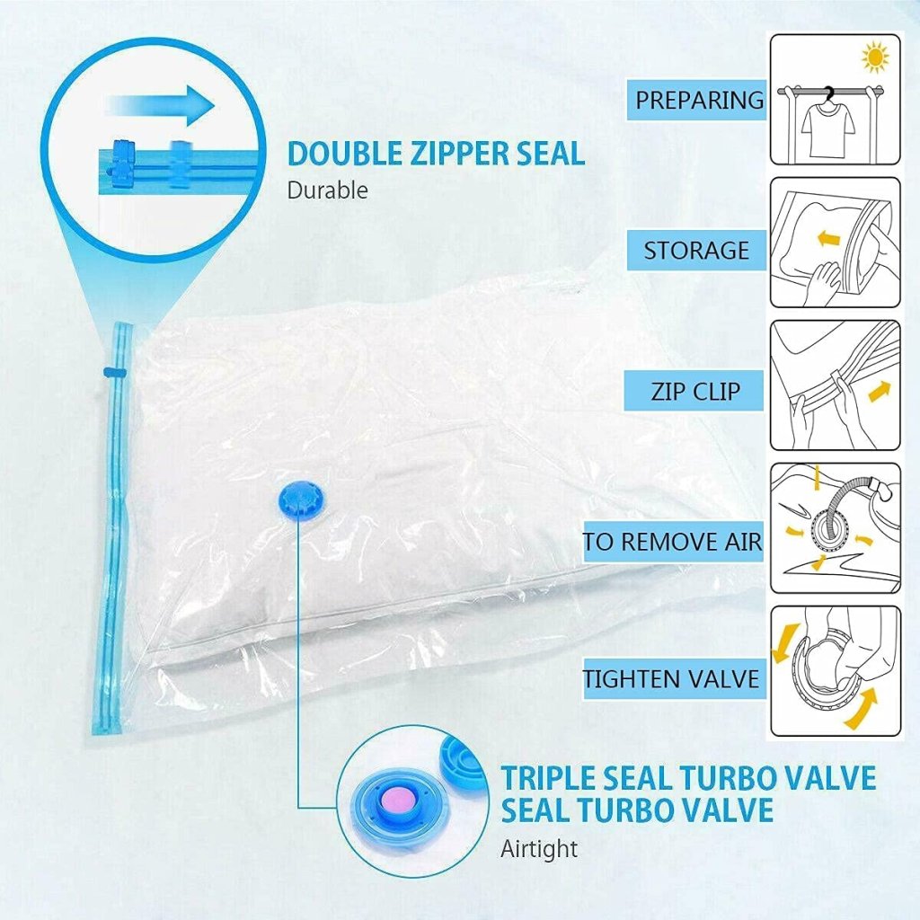 Heavy Quality Vacuum Storage Reusable Zip Lock Smart Space Saver Bags with Hand Pump – Set of 5 Bags + 1 Pump for Travel, Clothes, Bedding, Seasonal Storage