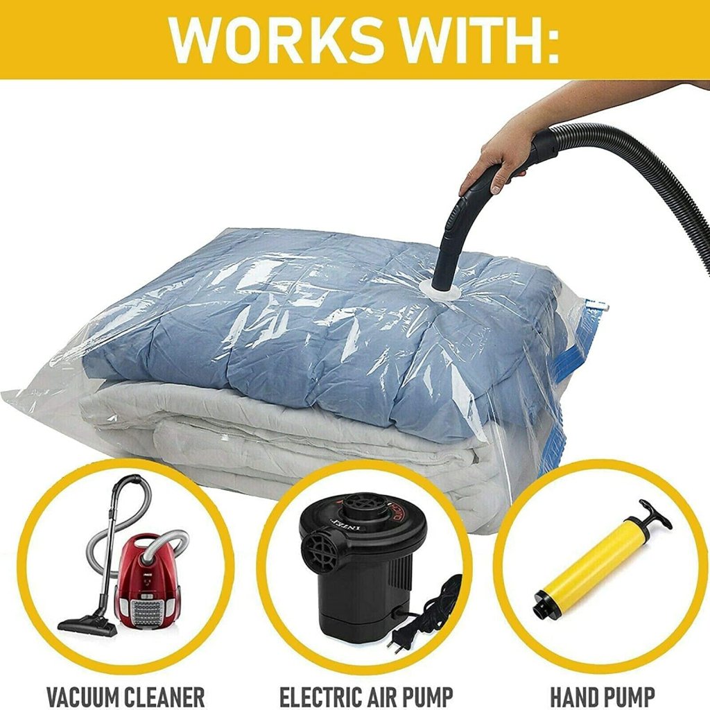 Heavy Quality Vacuum Storage Reusable Zip Lock Smart Space Saver Bags with Hand Pump – Set of 5 Bags + 1 Pump for Travel, Clothes, Bedding, Seasonal Storage