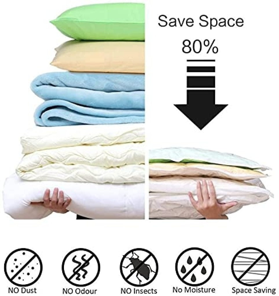 Heavy Quality Vacuum Storage Reusable Zip Lock Smart Space Saver Bags with Hand Pump – Set of 5 Bags + 1 Pump for Travel, Clothes, Bedding, Seasonal Storage