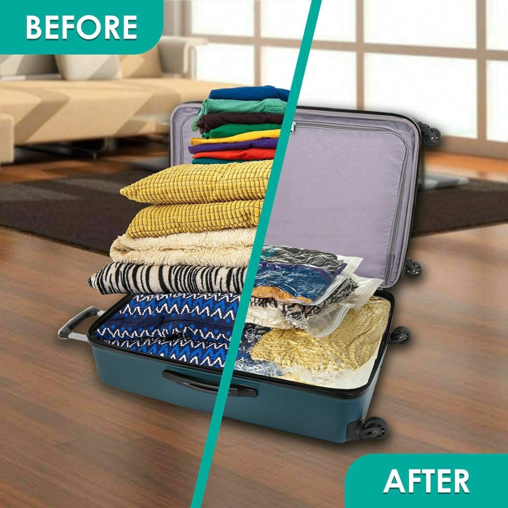 Heavy Quality Vacuum Storage Reusable Zip Lock Smart Space Saver Bags with Hand Pump – Set of 5 Bags + 1 Pump for Travel, Clothes, Bedding, Seasonal Storage