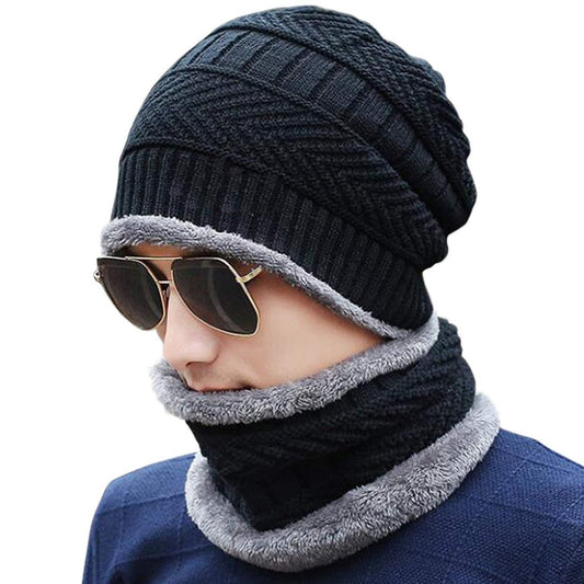 Winter Woolen Hat & Neck Scarf Combo – Thick Fleece-Lined Warm Beanie Cap and Muffler Set for Men & Women | Outdoor Cold Weather Wear (Black)