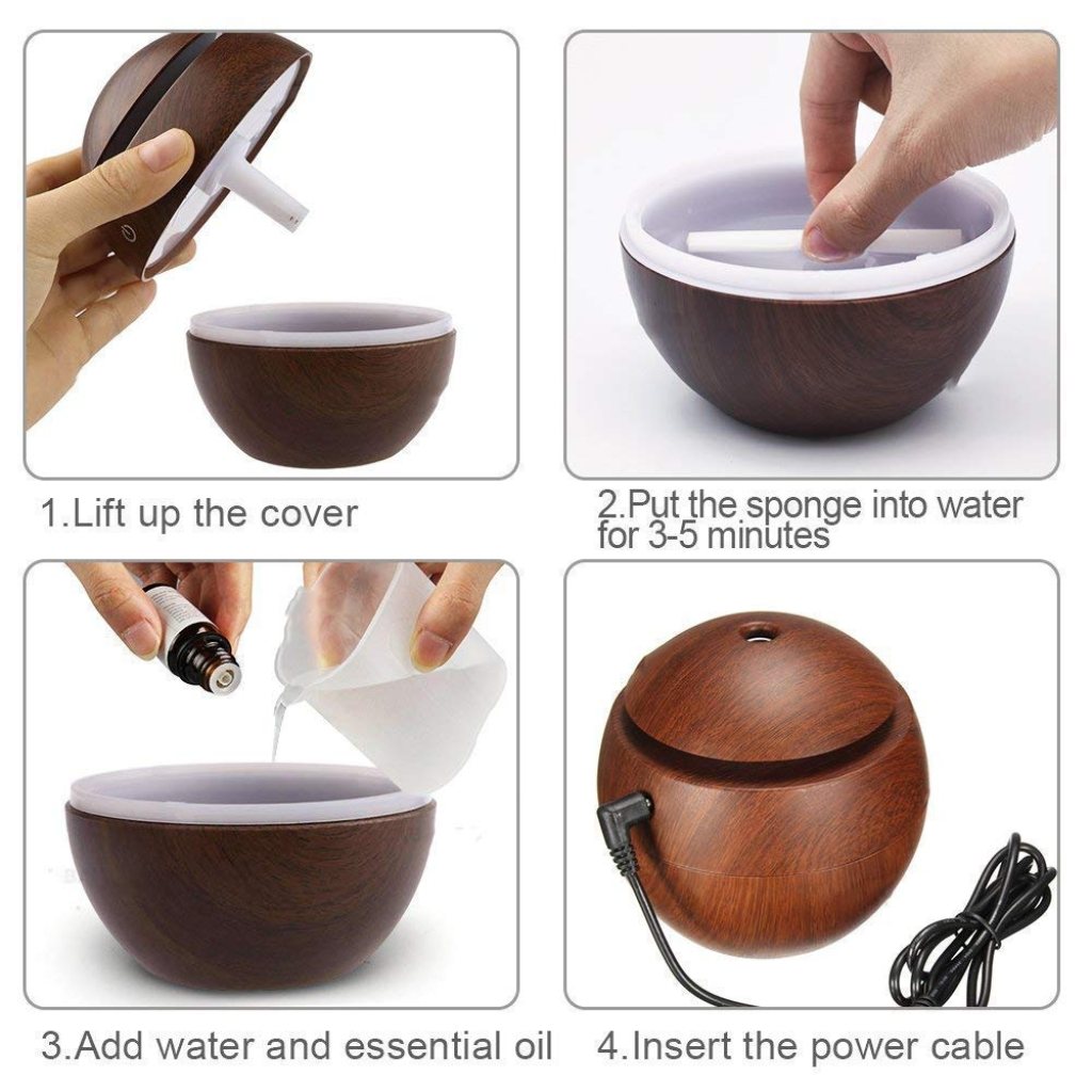 Wooden Cool Mist Humidifier & Essential Oil Diffuser – 130ml Aroma Air Humidifier with 7-Color LED Light | USB Powered for Car, Office, Baby Room | Quiet & Stylish Home Fragrance Solution