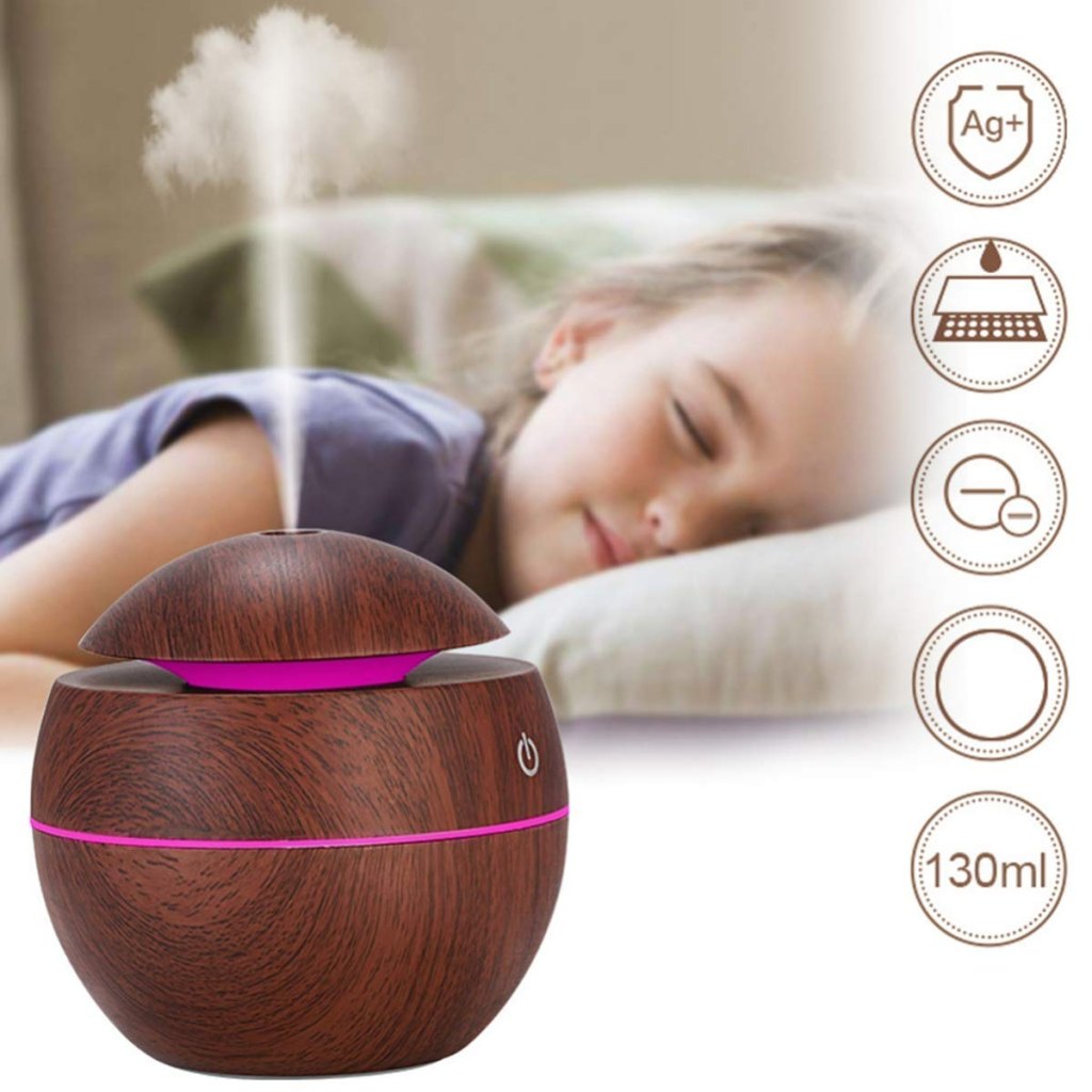 Wooden Cool Mist Humidifier & Essential Oil Diffuser – 130ml Aroma Air Humidifier with 7-Color LED Light | USB Powered for Car, Office, Baby Room | Quiet & Stylish Home Fragrance Solution