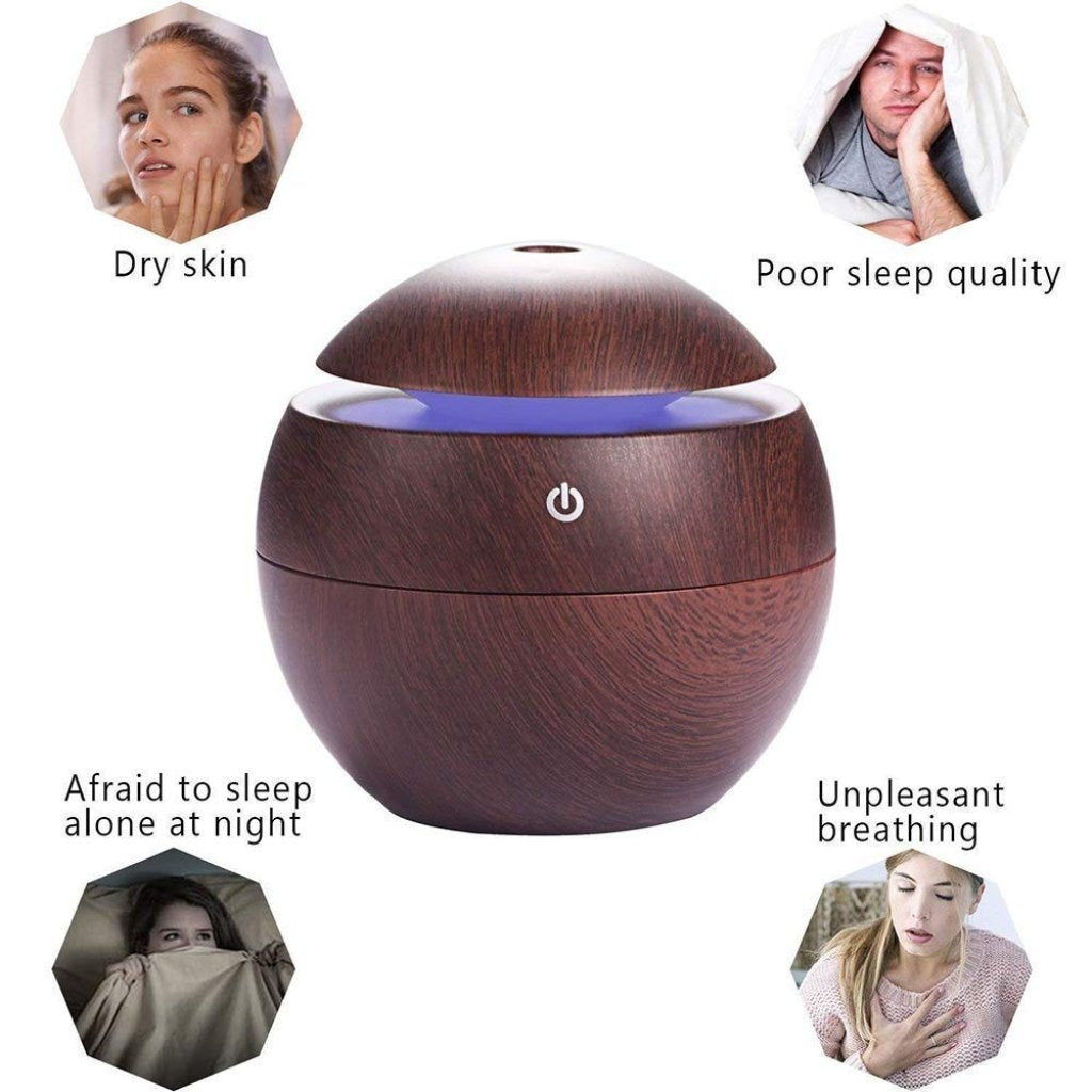 Wooden Cool Mist Humidifier & Essential Oil Diffuser – 130ml Aroma Air Humidifier with 7-Color LED Light | USB Powered for Car, Office, Baby Room | Quiet & Stylish Home Fragrance Solution
