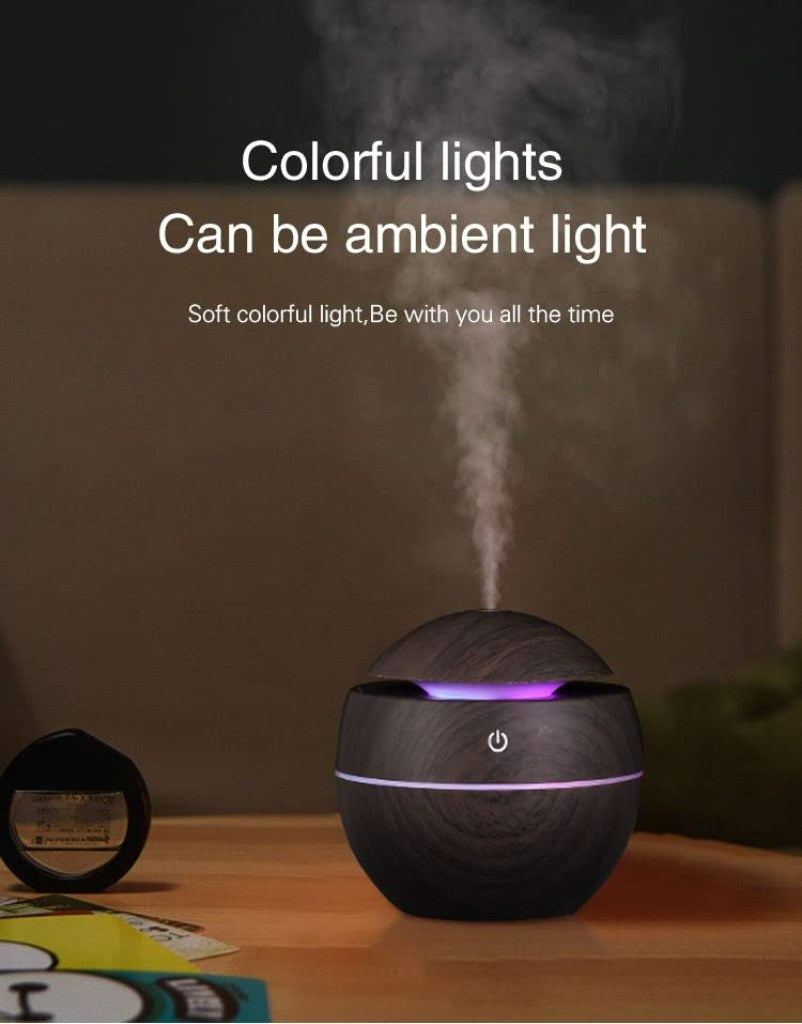 Wooden Cool Mist Humidifier & Essential Oil Diffuser – 130ml Aroma Air Humidifier with 7-Color LED Light | USB Powered for Car, Office, Baby Room | Quiet & Stylish Home Fragrance Solution