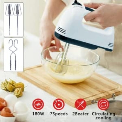 260W Electric Hand Mixer Beater & Blender | 7-Speed Control Kitchen Whisk with Chrome Beaters & Dough Hooks | Lightweight ABS Body | Multipurpose Hand Blender (White)