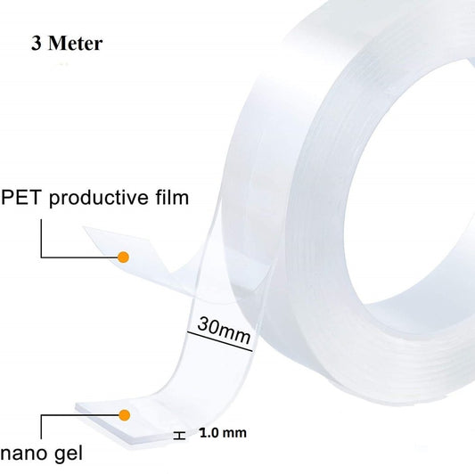 3 Meter Double Sided Tape – Adhesive Silicone Tape, Heavy Duty, Heat Resistant, Multi-Functional, Removable, Washable, Reusable Anti-Slip Gel Nano Grip Tape