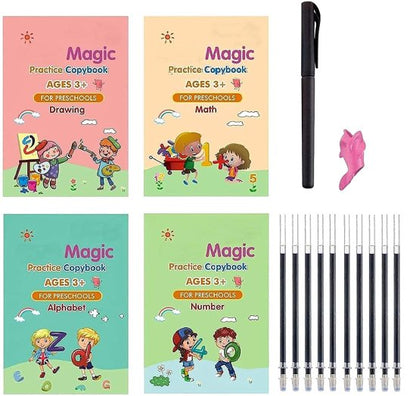 4 Pcs Magic Practice Copybook & 10 Refills for Kids Handwriting | English Reusable Magical Tracing Book | Letter Writing Set