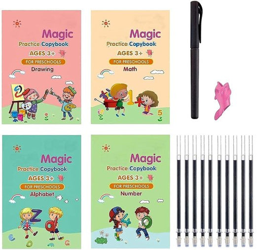 4 Pcs Magic Practice Copybook & 10 Refills for Kids Handwriting | English Reusable Magical Tracing Book | Letter Writing Set