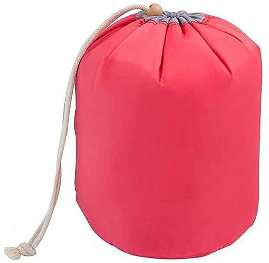 Multifunctional Extra Large Cosmetic Makeup Bag for Women – Drawstring Barrel Shaped Toiletry Organizer | Waterproof & Foldable Travel Vanity Pouch (Red, Color May Vary)