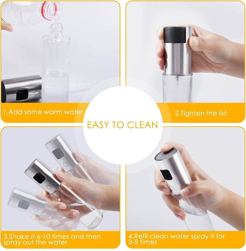 Oil Spray Bottle for Cooking – Refillable Stainless Steel Oil Dispenser with Mini Funnel, Glass Vinegar Spray Bottle for BBQ, Salad, Baking, Grilling, Roasting, Frying