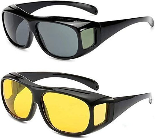HD Vision Day and Night Unisex Goggles – Anti-Glare Polarized Sunglasses for Driving, UV Protection – Pack of 2 (Black & Yellow)