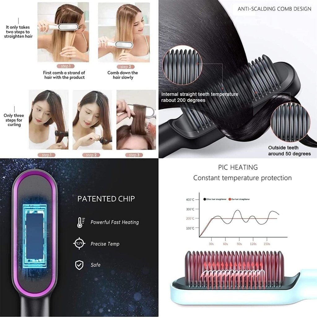 Hair Straightener Comb Brush for Men & Women | Electric Ceramic Hair Straightening Brush with 5 Temperature Settings | Anti-Scald Design | Multi-Color | Fast Heating