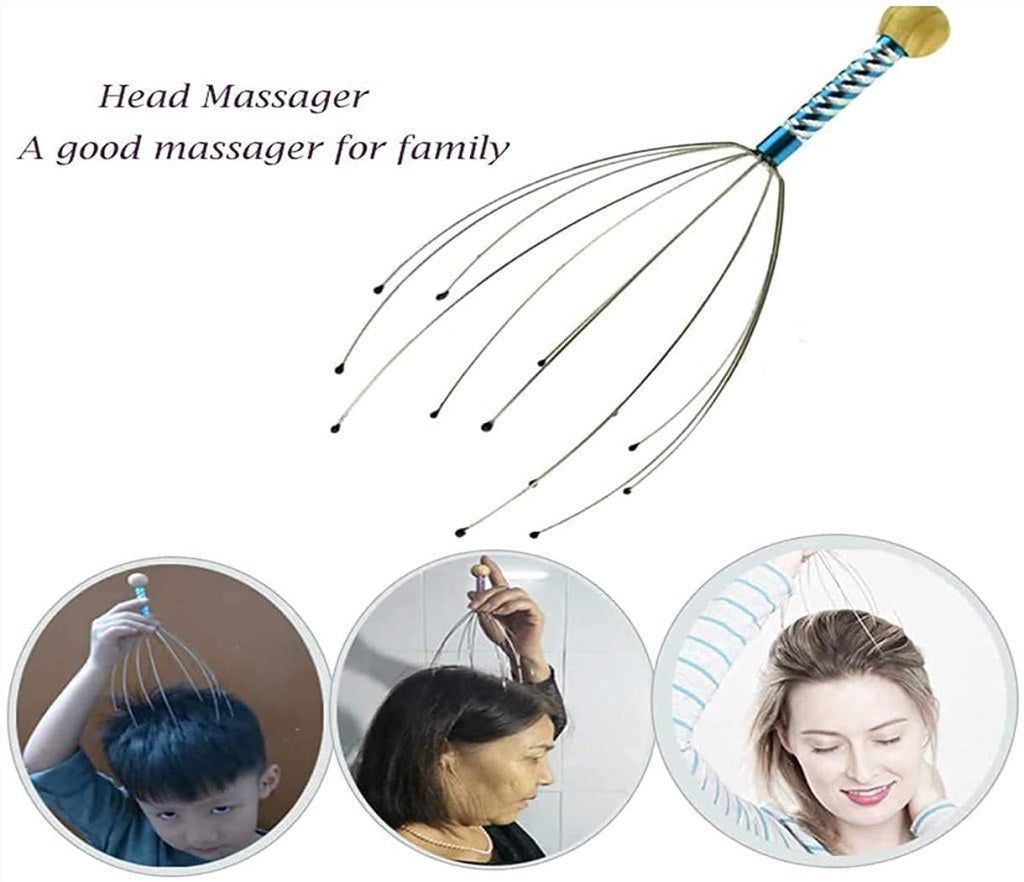 Head Scalp Massager | 12 Fingers Wire Head Scratcher | Wooden Handle Relaxing Massager Tool for Pain Relief, Stress Relief, and Hair Growth