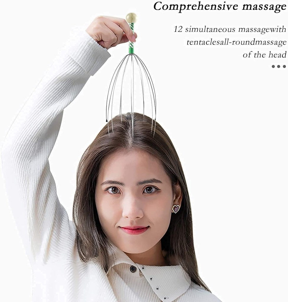 Head Scalp Massager | 12 Fingers Wire Head Scratcher | Wooden Handle Relaxing Massager Tool for Pain Relief, Stress Relief, and Hair Growth
