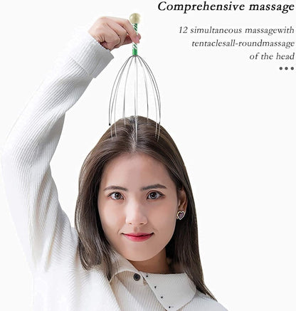 Head Scalp Massager | 12 Fingers Wire Head Scratcher | Wooden Handle Relaxing Massager Tool for Pain Relief, Stress Relief, and Hair Growth