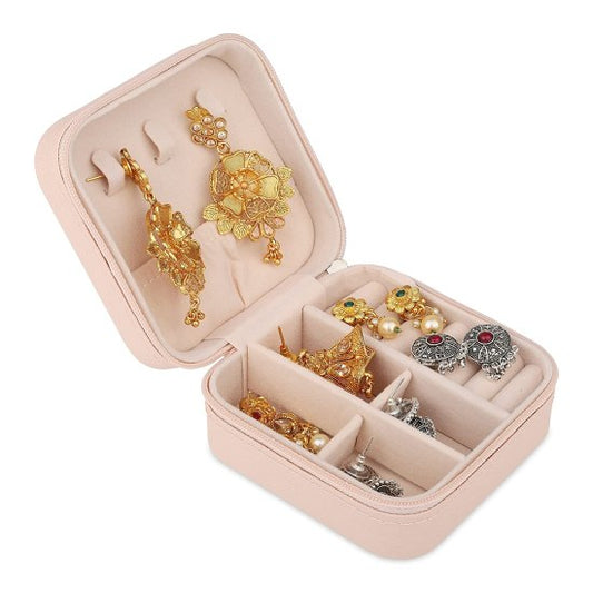 Jewellery Organizer Mini PU Leather Zipper Portable Storage Box Case with Dividers | Travel Jewelry Container for Rings, Earrings, Necklaces, Bracelets & Pendants | Light Pink, Square