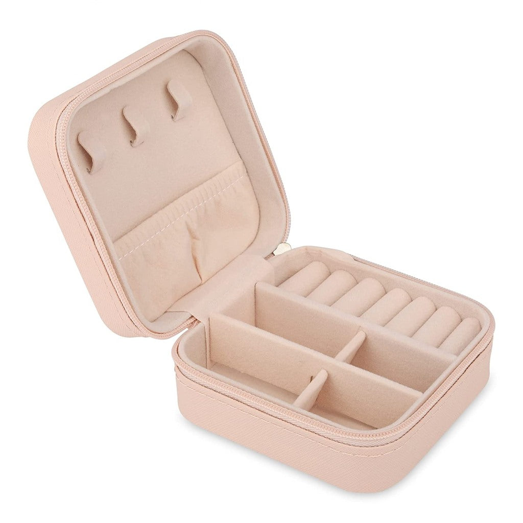 Jewellery Organizer Mini PU Leather Zipper Portable Storage Box Case with Dividers | Travel Jewelry Container for Rings, Earrings, Necklaces, Bracelets & Pendants | Light Pink, Square