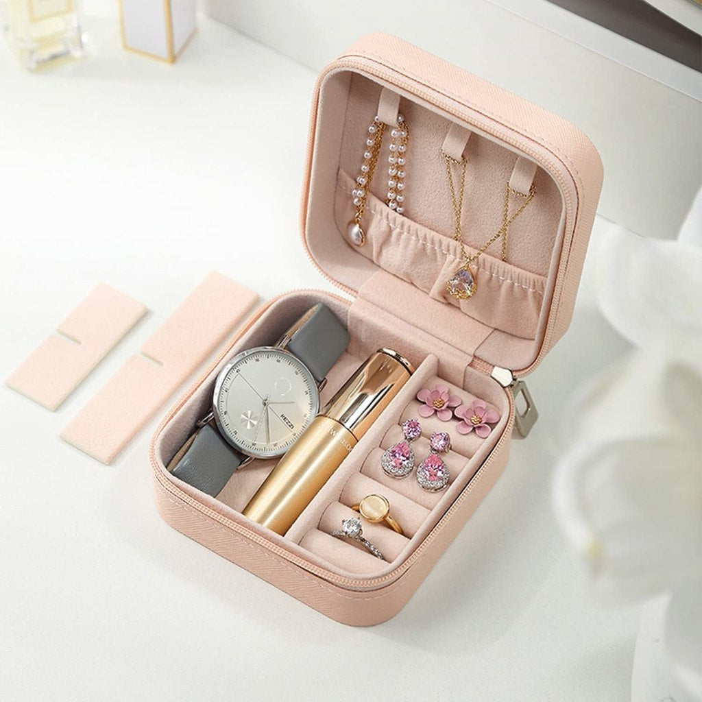 Jewellery Organizer Mini PU Leather Zipper Portable Storage Box Case with Dividers | Travel Jewelry Container for Rings, Earrings, Necklaces, Bracelets & Pendants | Light Pink, Square