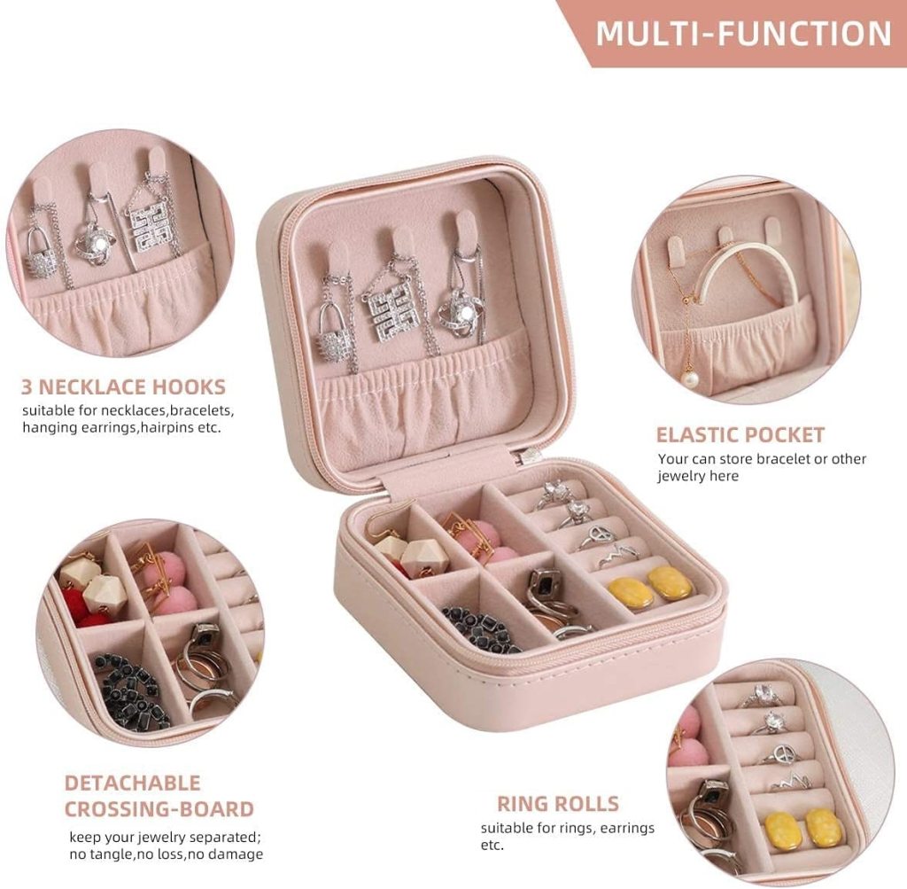 Jewellery Organizer Mini PU Leather Zipper Portable Storage Box Case with Dividers | Travel Jewelry Container for Rings, Earrings, Necklaces, Bracelets & Pendants | Light Pink, Square