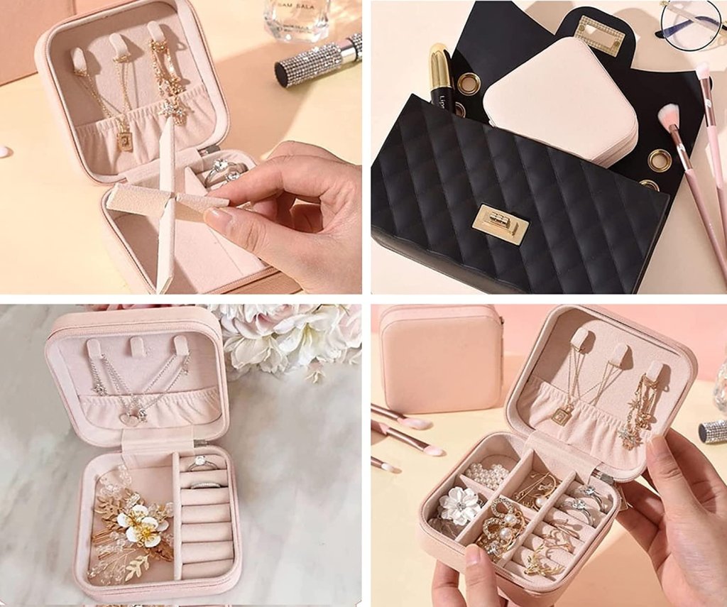 Jewellery Organizer Mini PU Leather Zipper Portable Storage Box Case with Dividers | Travel Jewelry Container for Rings, Earrings, Necklaces, Bracelets & Pendants | Light Pink, Square