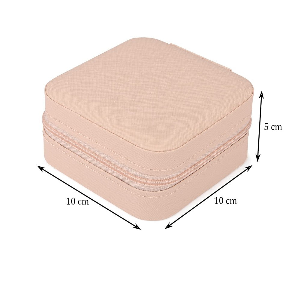 Jewellery Organizer Mini PU Leather Zipper Portable Storage Box Case with Dividers | Travel Jewelry Container for Rings, Earrings, Necklaces, Bracelets & Pendants | Light Pink, Square