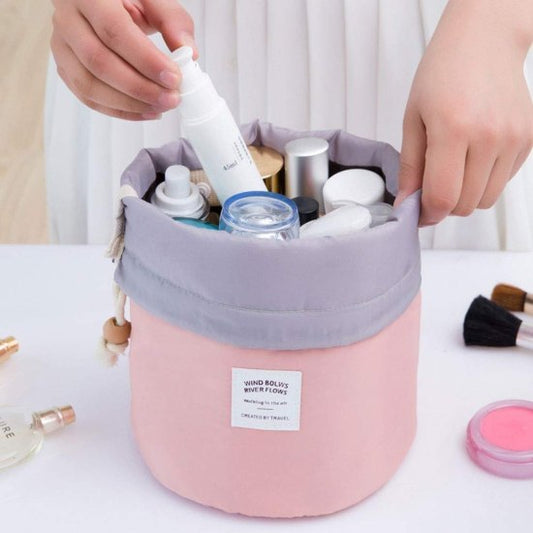 Multifunctional Extra Large Cosmetic Makeup Bag for Women – Drawstring Barrel Shaped Toiletry Organizer | Waterproof & Foldable Travel Vanity Pouch (Red, Color May Vary)