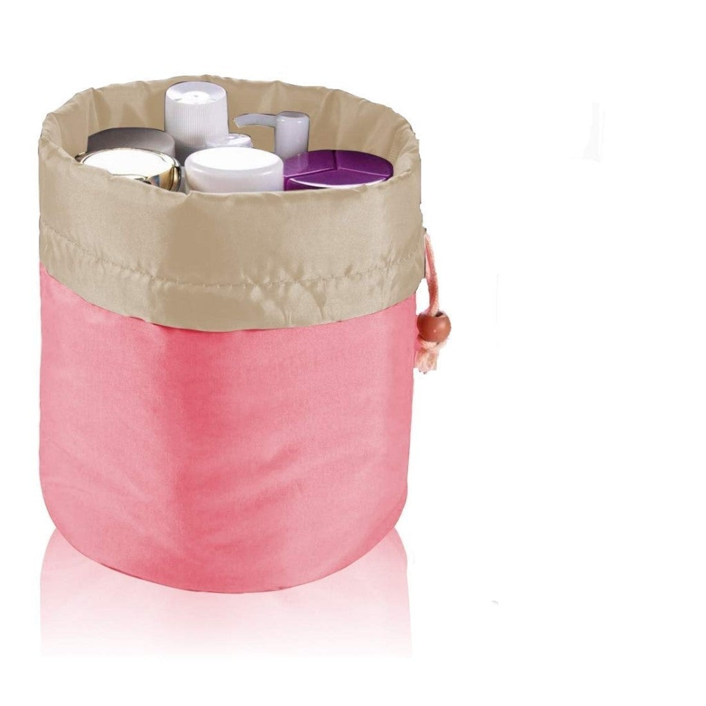 Multifunctional Extra Large Cosmetic Makeup Bag for Women – Drawstring Barrel Shaped Toiletry Organizer | Waterproof & Foldable Travel Vanity Pouch (Red, Color May Vary)