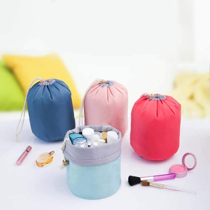 Multifunctional Extra Large Cosmetic Makeup Bag for Women – Drawstring Barrel Shaped Toiletry Organizer | Waterproof & Foldable Travel Vanity Pouch (Red, Color May Vary)