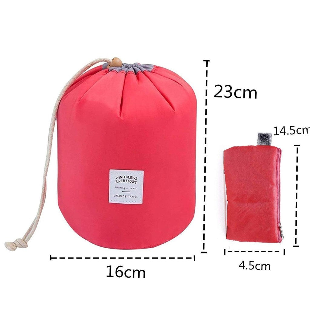 Multifunctional Extra Large Cosmetic Makeup Bag for Women – Drawstring Barrel Shaped Toiletry Organizer | Waterproof & Foldable Travel Vanity Pouch (Red, Color May Vary)