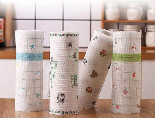 Non-Woven Reusable and Washable Kitchen Tissue Roll | Oil Absorbing Paper Towel | Printed Dish Cloth Cleaning Wipe Roll | Non-Stick & Eco-Friendly