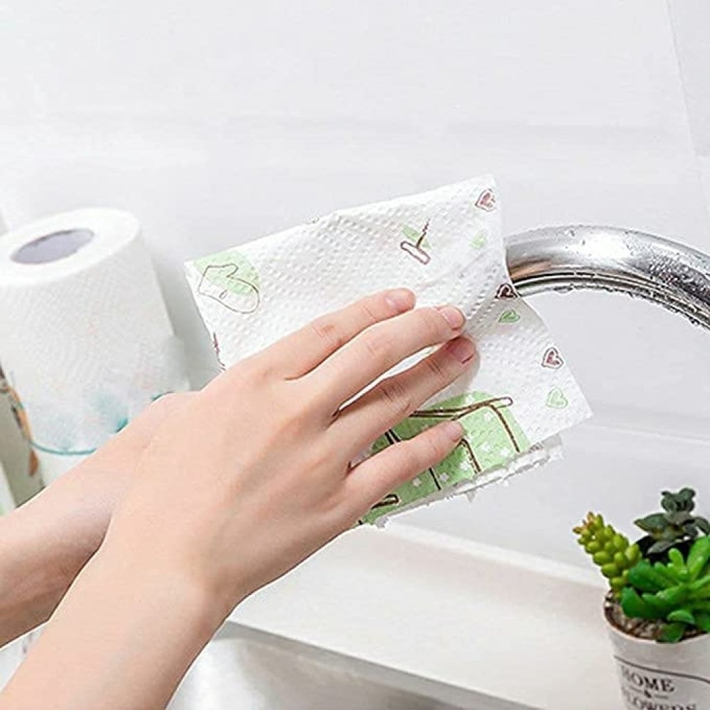 Non-Woven Reusable and Washable Kitchen Tissue Roll | Oil Absorbing Paper Towel | Printed Dish Cloth Cleaning Wipe Roll | Non-Stick & Eco-Friendly