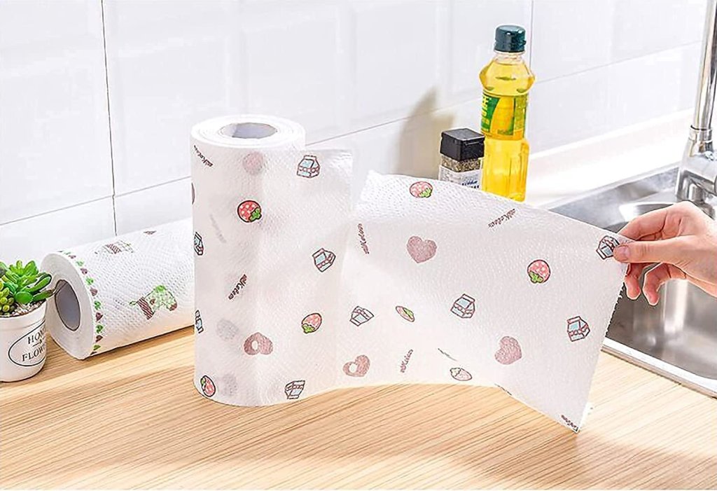 Non-Woven Reusable and Washable Kitchen Tissue Roll | Oil Absorbing Paper Towel | Printed Dish Cloth Cleaning Wipe Roll | Non-Stick & Eco-Friendly